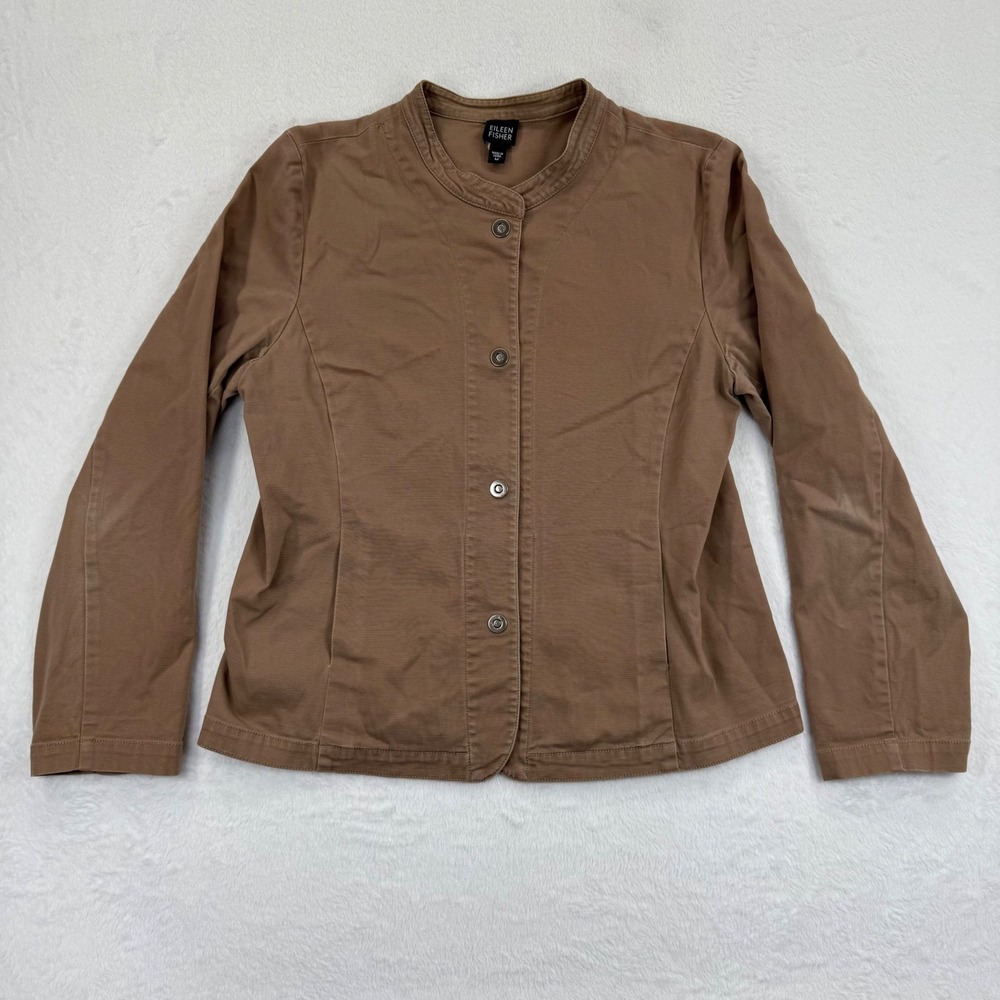 Eileen Fisher Jacket Womens M Brown Button Up‎ Collarless Cotton Blend Coat